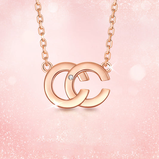 Rose Gold Sterling Silver Diamond Double C Pendant Necklace